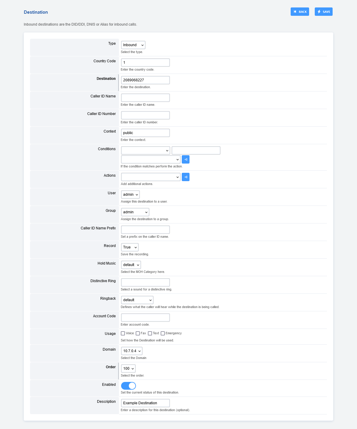 FusionPBX Destinations 2